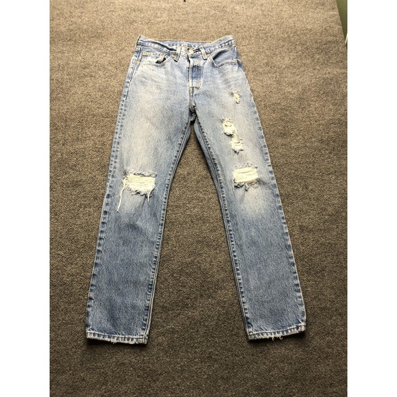 Levi's Denim - Levis 501 Straight Jeans Womens W26 L30 High Rise Blue Light Wash Distressed